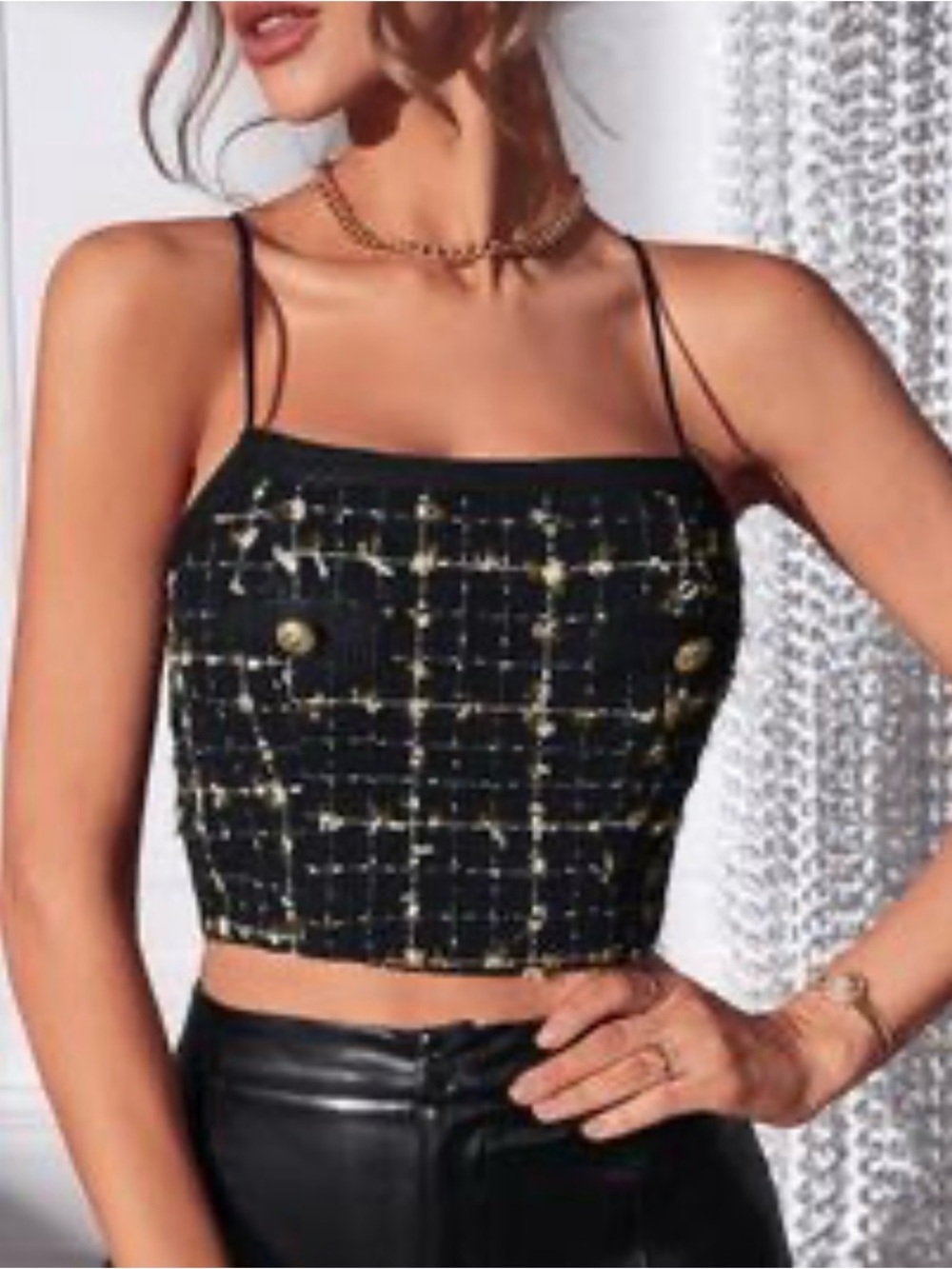 Endless Rose Anthropologie Tweed Spaghetti Tank Crop Top Black Gold XS